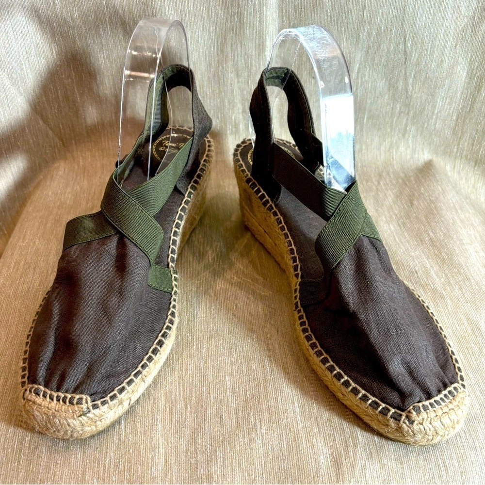 TONI PONS Sz 41 Canvas Elastic Top Espadrilles Wedges Sandals Olive & Grey NEW
